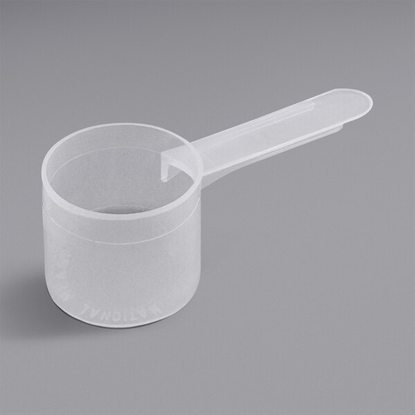 A white plastic Polypropylene scoop with a long handle.