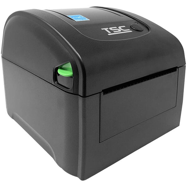 A black TSC DA210 direct thermal printer with green accents.