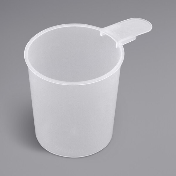 A clear plastic container with a white cylinder handle.
