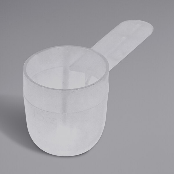 A clear plastic bowl with a black handle.