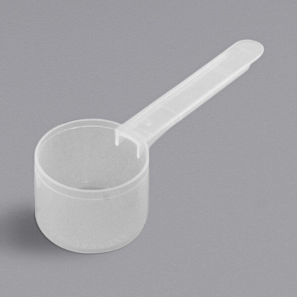A polypropylene plastic scoop with a long handle.