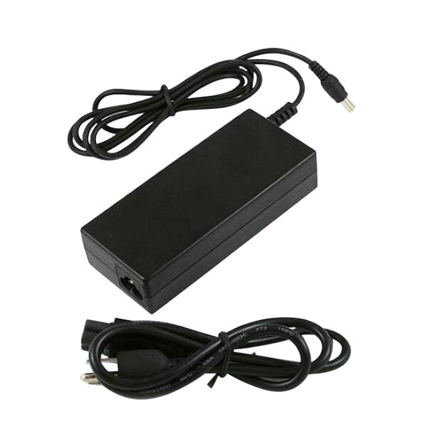 A black power supply with a black rectangle on it and a black power cord.