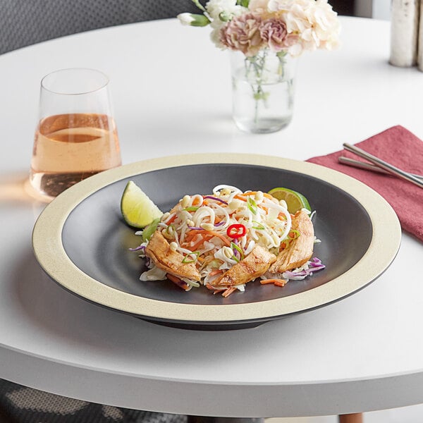 An Acopa Ugoki melamine plate with a shrimp dish on it on a table.
