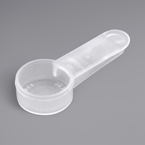 A white polypropylene scoop with a short handle.