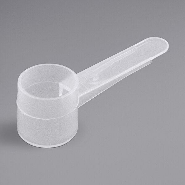 A clear plastic Polypropylene scoop with a medium handle.