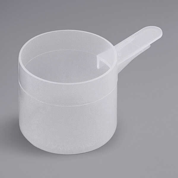 A clear plastic polypropylene scoop with a short handle.