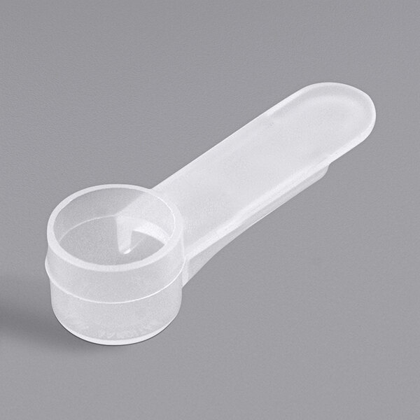 A white plastic polypropylene scoop with a short handle.
