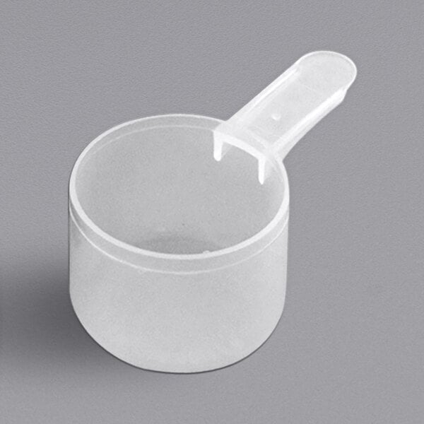 A clear plastic container with a 33 cc Polypropylene Scoop on top with a handle.