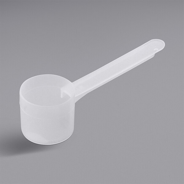 A white plastic scoop with a long handle.