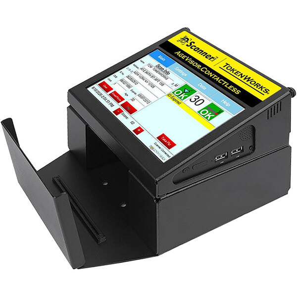 A black rectangular TokenWorks AgeVisor electronic ID scanner on a counter.