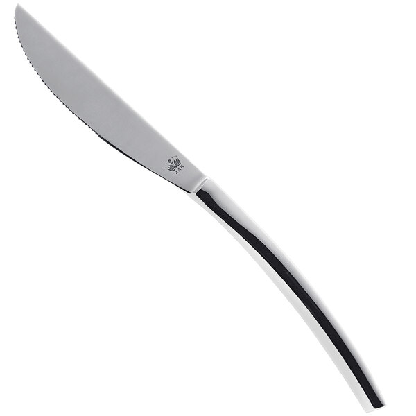 A silver RAK Porcelain steak knife with a black curved handle.