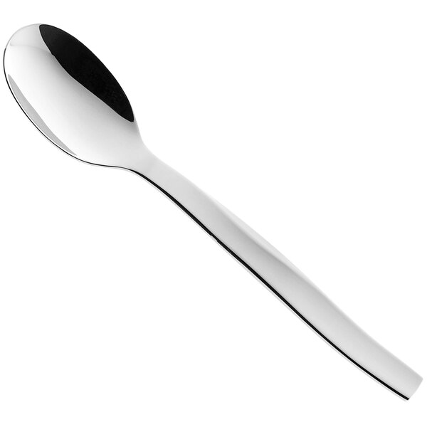 A RAK Porcelain dessert spoon with a silver handle on a white background.