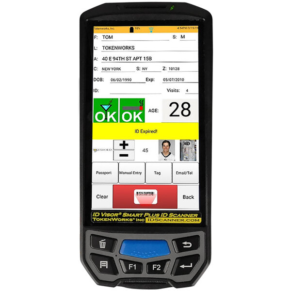 A close-up of a TokenWorks IDVisor Basic Smart Plus handheld ID scanner displaying a barcode on a cell phone screen.