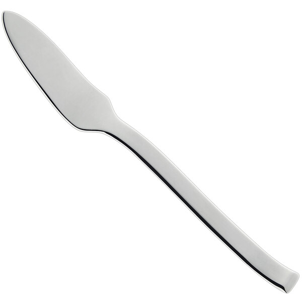 A silver fish knife with a white handle.