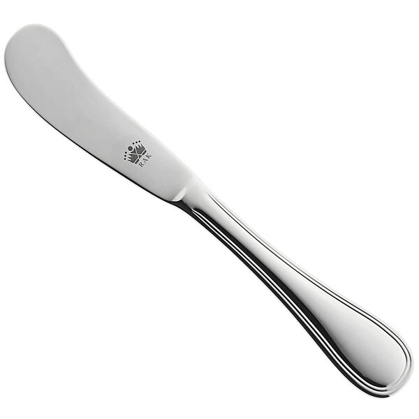 A silver RAK Porcelain butter knife with a crown logo on the handle.