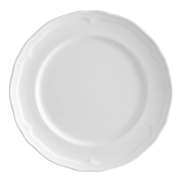 An 8-inch pearl white porcelain plate with a scalloped wide rim.
