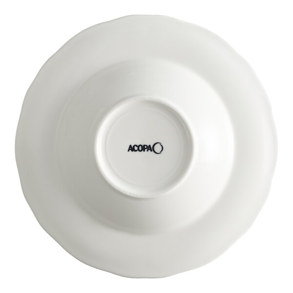 A white porcelain bowl with a scalloped wide rim, shown upside down with the Acopa logo visible on the bottom.