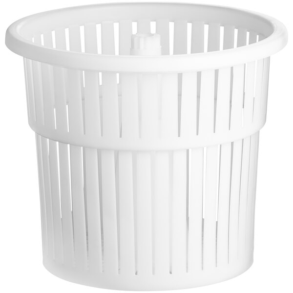A white plastic salad spinner basket with a handle.