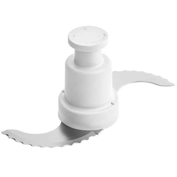 A white plastic AvaMix "S" blade for food processors with sharp serrated blades.