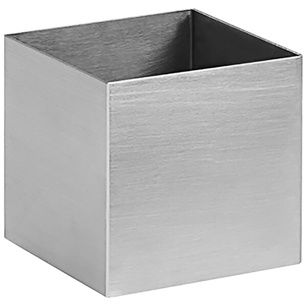A stainless steel square jar with a metal surface.