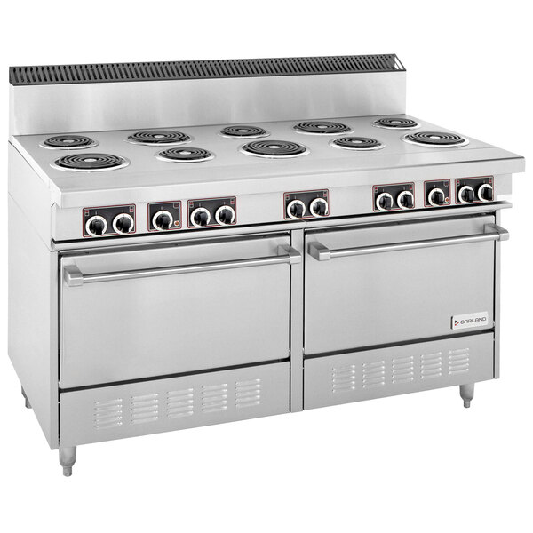 A large stainless steel Garland electric restaurant range with two standard ovens.