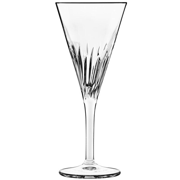 A close-up of a Luigi Bormioli Schnapps glass with a clear stem and black rim.