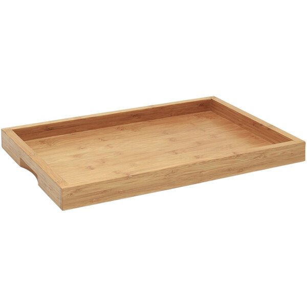 A natural bamboo rectangular serving tray with a handle.