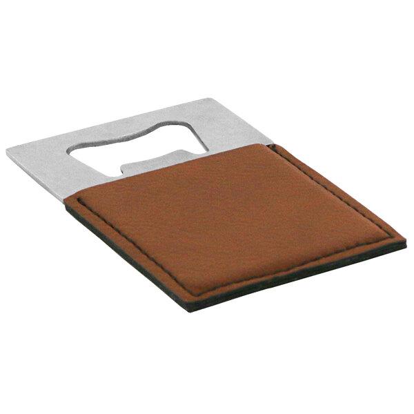 A Franmara brown leather bottle opener with a silver metal clip.