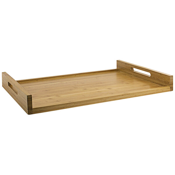 A Room360 bamboo rectangular serving tray with straight handles.