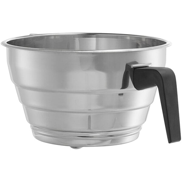 A silver stainless steel brew basket with black handles.