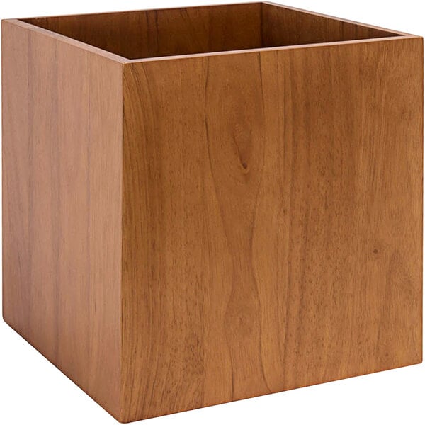 A Room360 rubberwood wine cooler display stand, a square wooden box with a hole in the lid.
