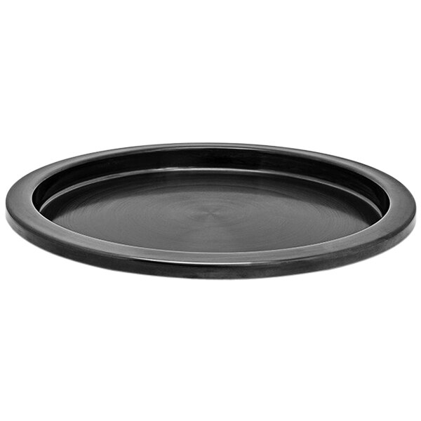 A black round stainless steel tray with a circular rim.