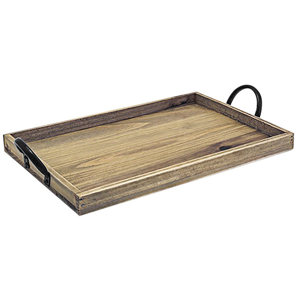 A Front of the House Rustic Wood rectangular serving tray with handles.