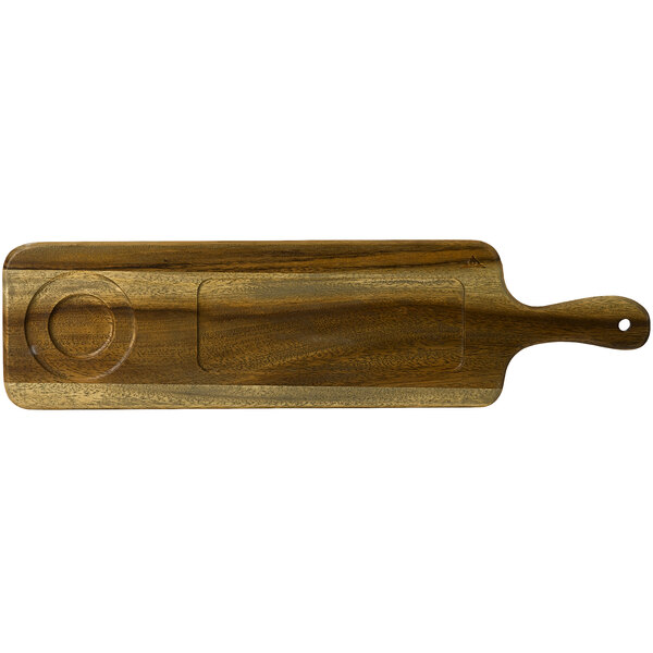 A Dudson rectangular acacia wood serving board with a handle.