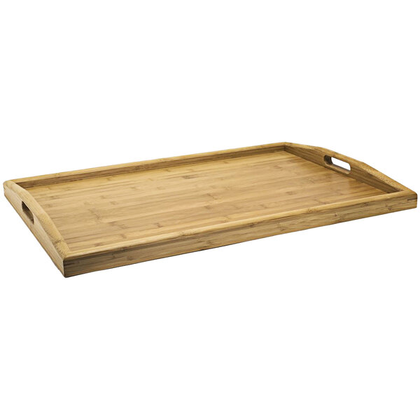 A bamboo rectangular Room360 serving tray with curved handles.