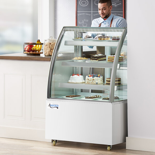 Avantco BCT-36 36" White 3-Shelf Curved Glass Refrigerated Bakery Display Case with LED Lighting