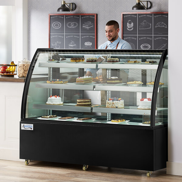 Avantco BCT-72 72" Black 3-Shelf Curved Glass Refrigerated Bakery Display Case with LED Lighting
