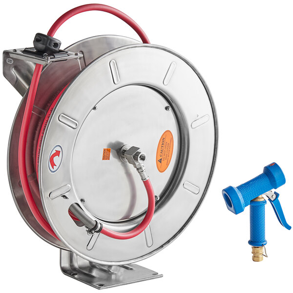 Regency Open Stainless Steel Hose Reel with 50' Hose and HeavyDuty Front Trigger Water Gun