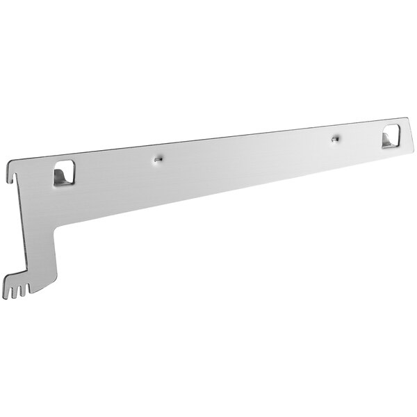 A metal Avantco shelf bracket with two holes on it.