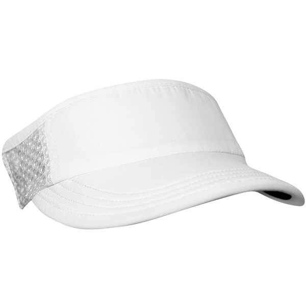 A white visor with a mesh band and stitching on the front.