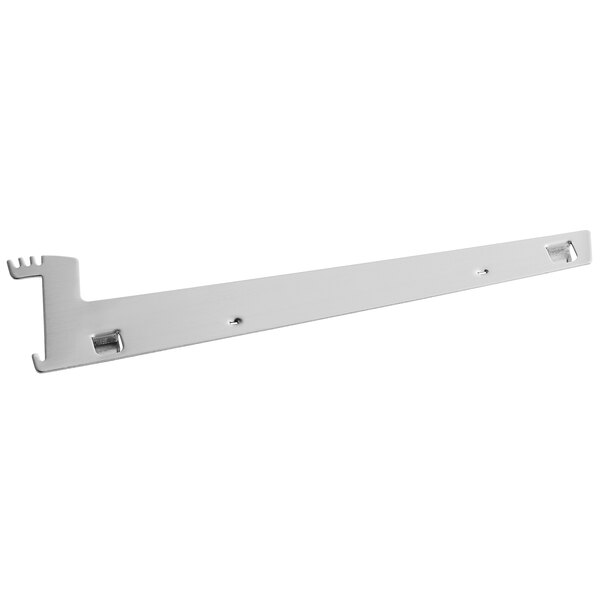 A white metal Avantco shelf bracket with a hook.