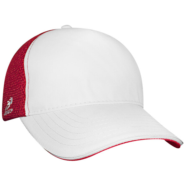 A white Headsweats 5 panel trucker hat with red mesh and accents.