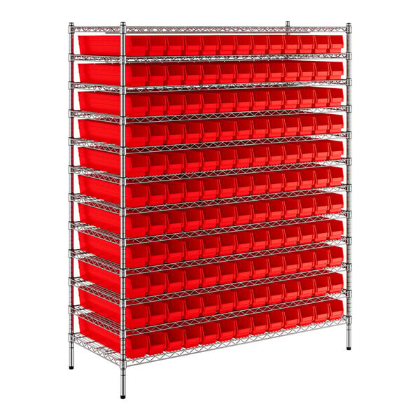 Regency 24" x 60" x 74" Wire Shelving Unit with 143 Red Bins