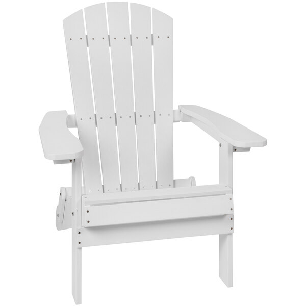 A white Flash Furniture folding Adirondack chair with wooden accents and curved edges.