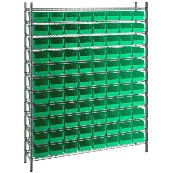 74 Wire Shelving Unit With 88 Green Bins, 12 Wire Shelving Unit
