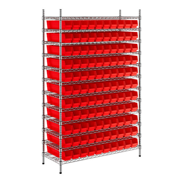 Regency 18" x 48" x 74" Wire Shelving Unit with 110 Red Bins