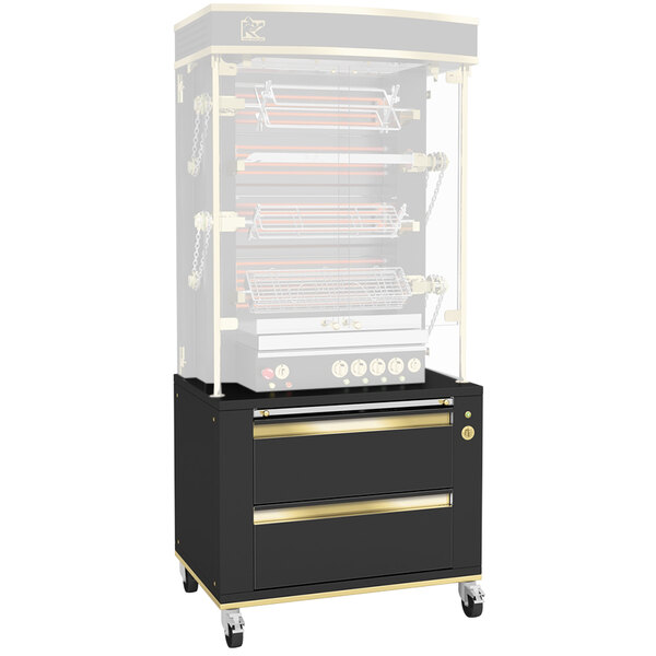 A black and gold Rotisol-France LUX base cabinet with brass trim.