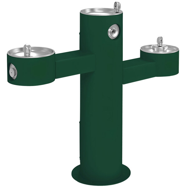 An Evergreen Elkay outdoor tri-level drinking fountain with three fountains.
