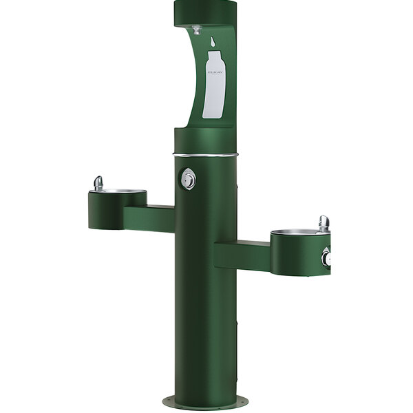 An Elkay Evergreen outdoor water fountain with two drinking fountains.
