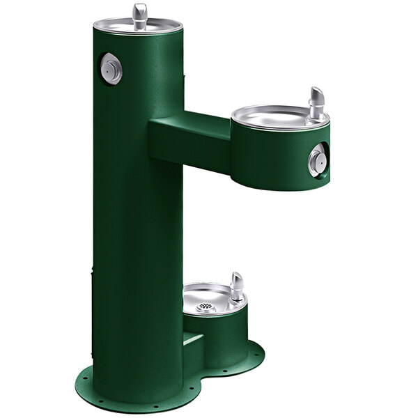 An Evergreen Elkay bi-level drinking fountain with two silver drinking fountains.